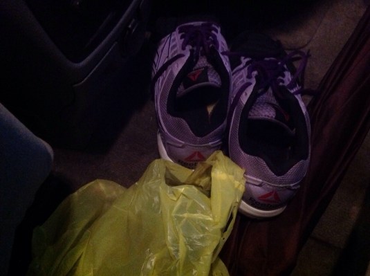 Just one pair of the funky crossfit sneaks in my car. Lol!