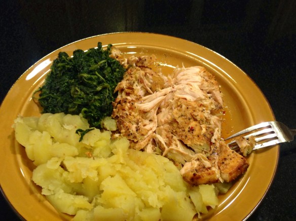 6 oz. chicken breast, 1 cup of white sweet potatoes, 1 cup of leafy frozen spinach