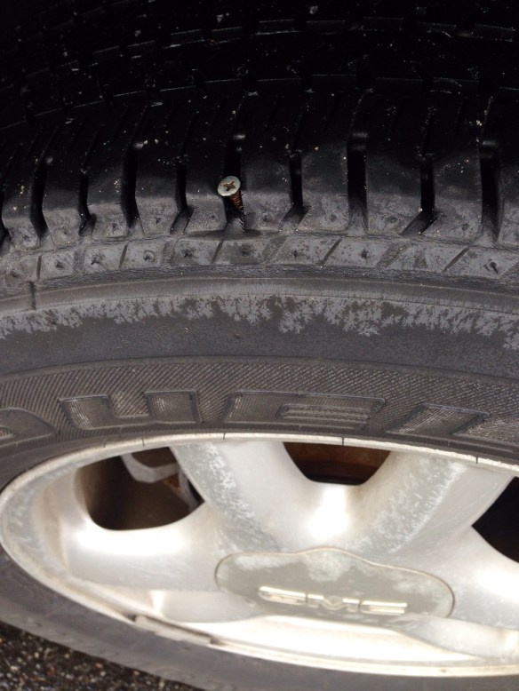 While shopping this afternoon, my son discovered this nail in my tire.  I need to get his fixed ASAP!